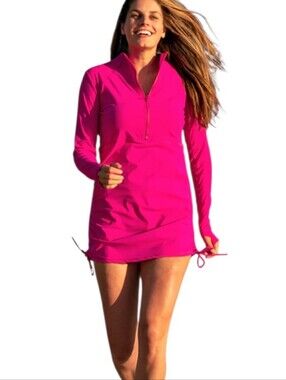 Obosoyo Pink UPF Rash Guard Hooded Swim Dress Coverup